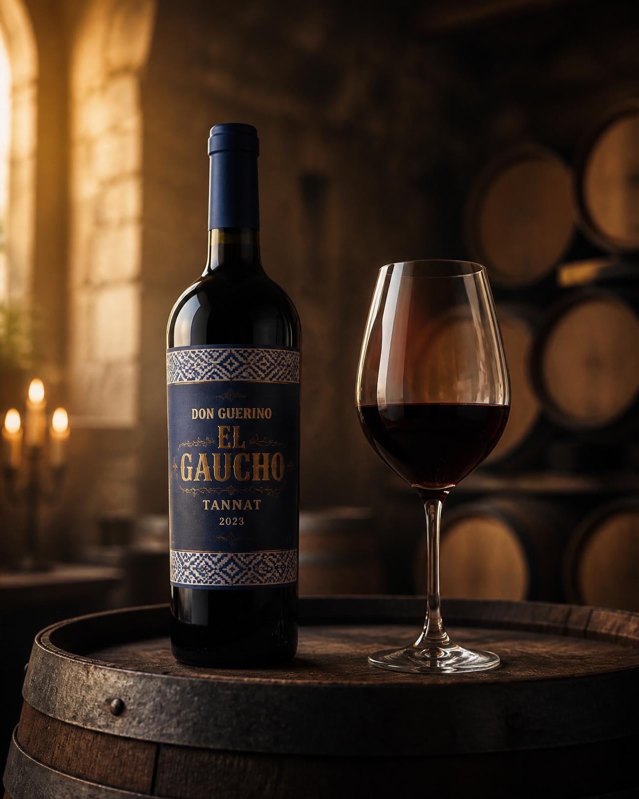 El Guaucho Tannat — Don Guerino, servido em taça de cristal em ambientação de adega